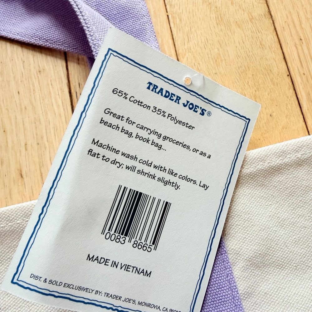 Trader Joe's Reusable Large Canvas Tote Bag - Lavender and Pink NWT - Picture 3 of 4